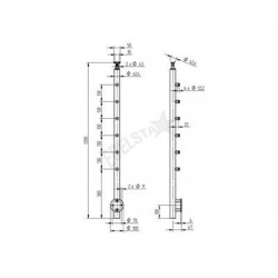 POTEAU A L'ANGLAISE D42,4X2,0MM, H1200MM,6 SUPPORTS DE LISSES, AISI304 BROSSE