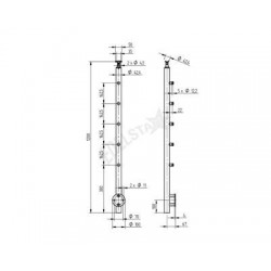 POTEAU A L'ANGLAISE D42,4X2,0MM, H1200MM,5 SUPPORTS DE LISSES, AISI304 BROSSE