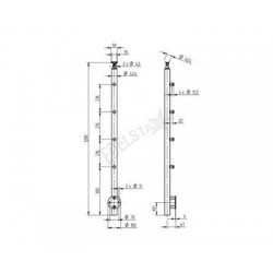 POTEAU A L'ANGLAISE D42,4X2,0MM, H1200MM,4 SUPPORTS DE LISSES, AISI304 BROSSE
