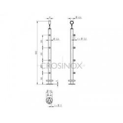 POTEAU DE GARDE-CORPS D42,4 X 2,0 MM,AISI304, 4 SUPPORT DE LISSE