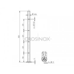 POTEAU DE GARDE-CORPS D42,4 X 2,0 MM,AISI304, PERCAGE 4 X D10,2 MM