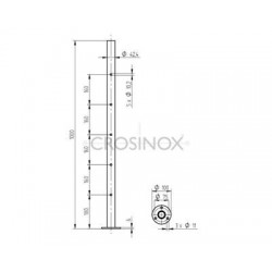 POTEAU DE GARDE-CORPS D42,4 X 2,0 MM,AISI304, PERCAGE 5 X D10,2 MM
