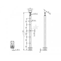 POTEAU SUPPORT D42,4X2,0MM, H970MM,5 PERCAGES, AISI304 BROSSE